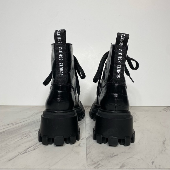 New! Schutz Chunky Lug Sole Lace Up Croc Embossed Leather Boot 6B - Picture 3 of 12